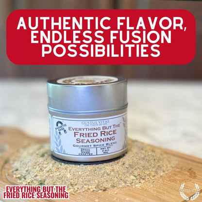 Gustus Vitae Everything But The Fried Rice Seasoning gourmet blend in a spice jar, ideal for enhancing Asian-inspired dishes.