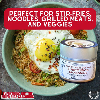 Gustus Vitae Everything But The Fried Rice Gourmet Seasoning jar with spice blend for flavorful rice dishes and cooking.