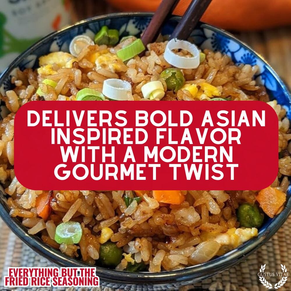 Gustus Vitae Everything But The Fried Rice gourmet seasoning blend in a jar with colorful label and herbs visible inside.