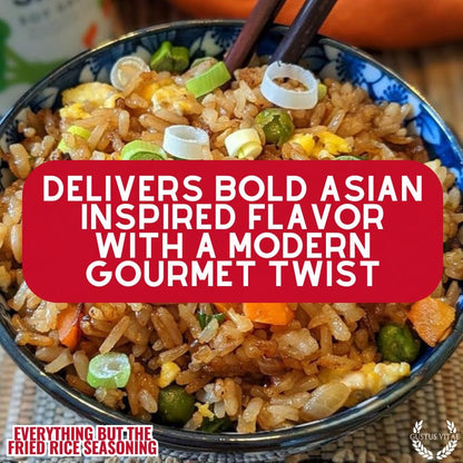 Gustus Vitae Everything But The Fried Rice gourmet seasoning blend in a jar with colorful label and herbs visible inside.