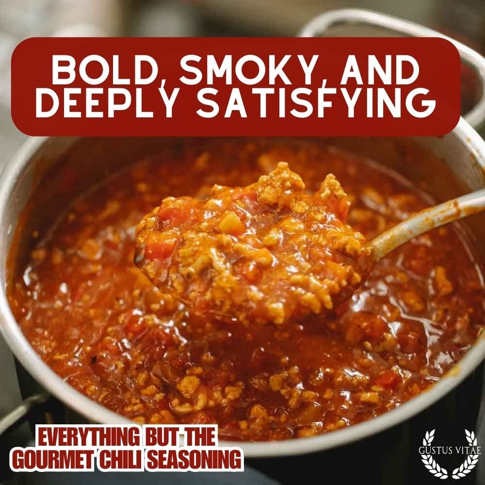 Gustus Vitae Everything But The Gourmet Chili Seasoning in a spice jar, featuring a blend of gourmet chili seasonings and herbs.