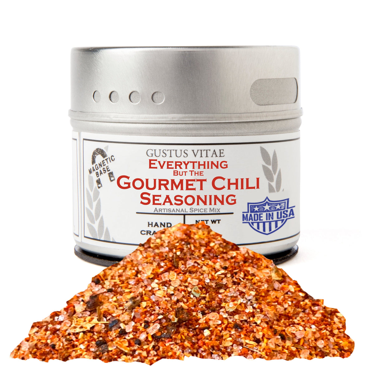 Gustus Vitae Everything But The Gourmet Chili Seasoning jar, gourmet seasoning blend with chili flavor, in a clear spice jar.