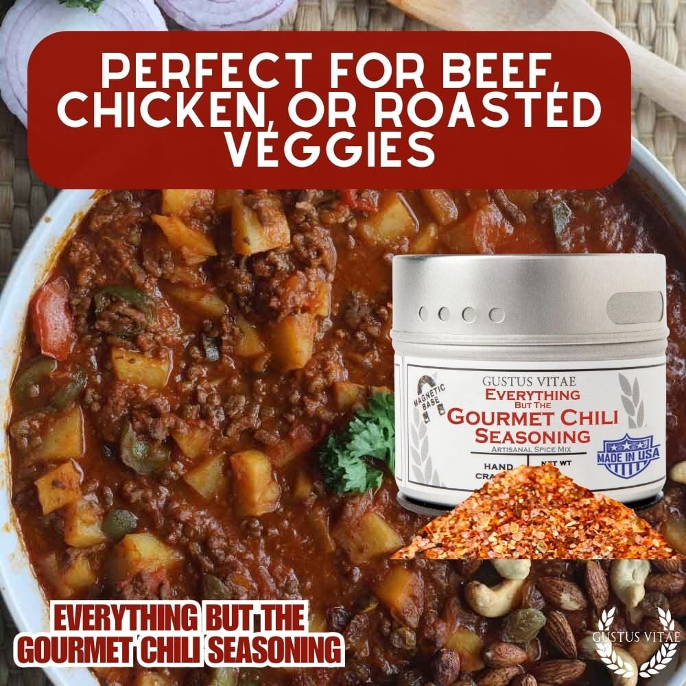 Gustus Vitae Everything But The Gourmet Chili Seasoning jar with spice blend for chili and flavorful dishes