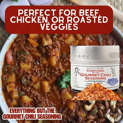 Gustus Vitae Everything But The Gourmet Chili Seasoning jar with spice blend for chili and flavorful dishes