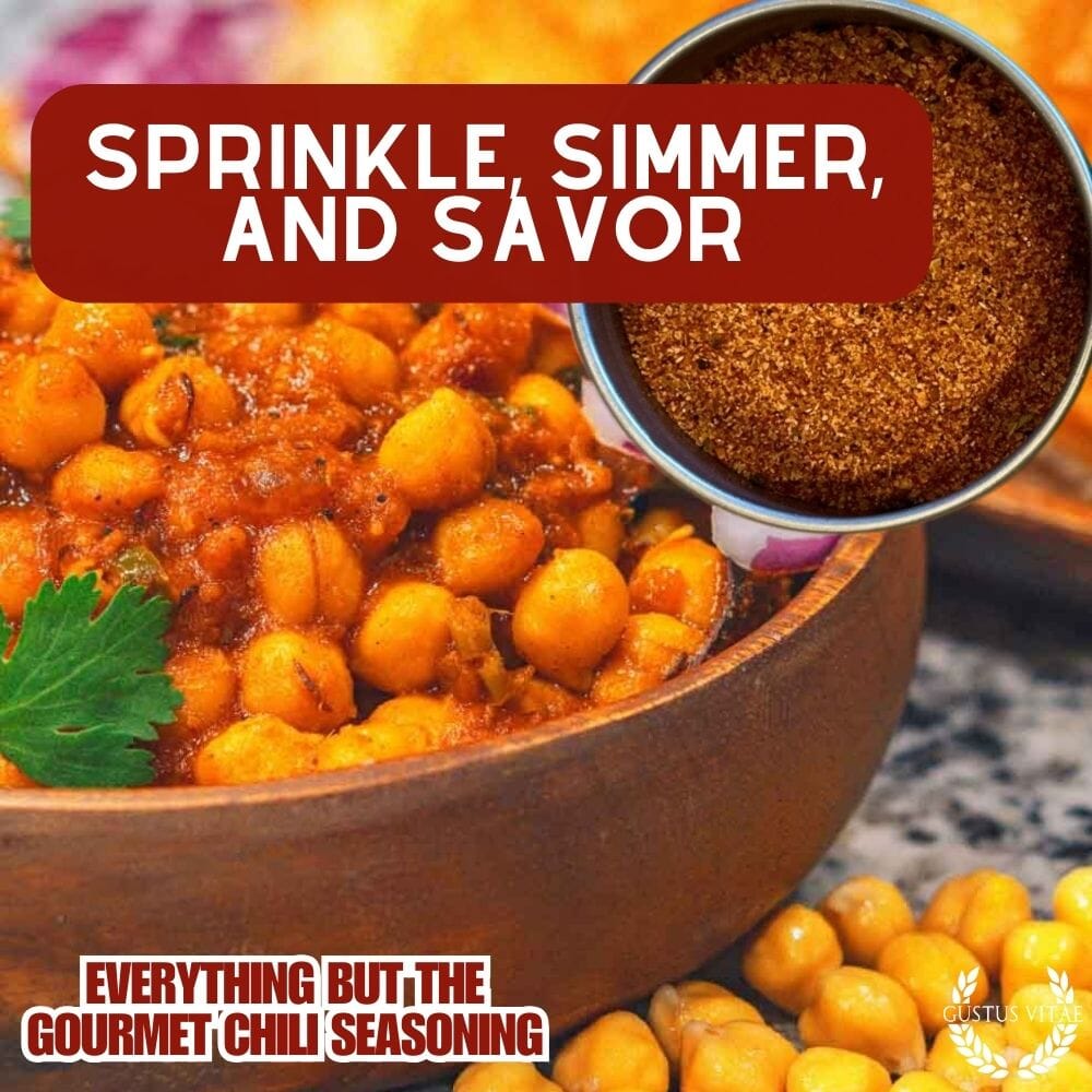 Gustus Vitae Everything But The Gourmet Chili Seasoning jar with colorful spice blend for flavorful chili dishes.
