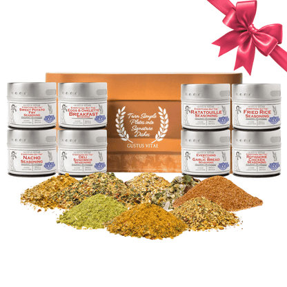 Gustus Vitae luxury seasoning gift set of 8 from Everything But The Ordinary collection, featuring various gourmet spice blends.