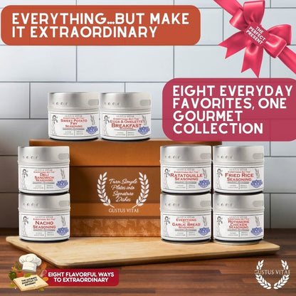 Gustus Vitae luxury seasoning gift set of 8 from Everything But The Ordinary collection, featuring assorted gourmet spice blends.