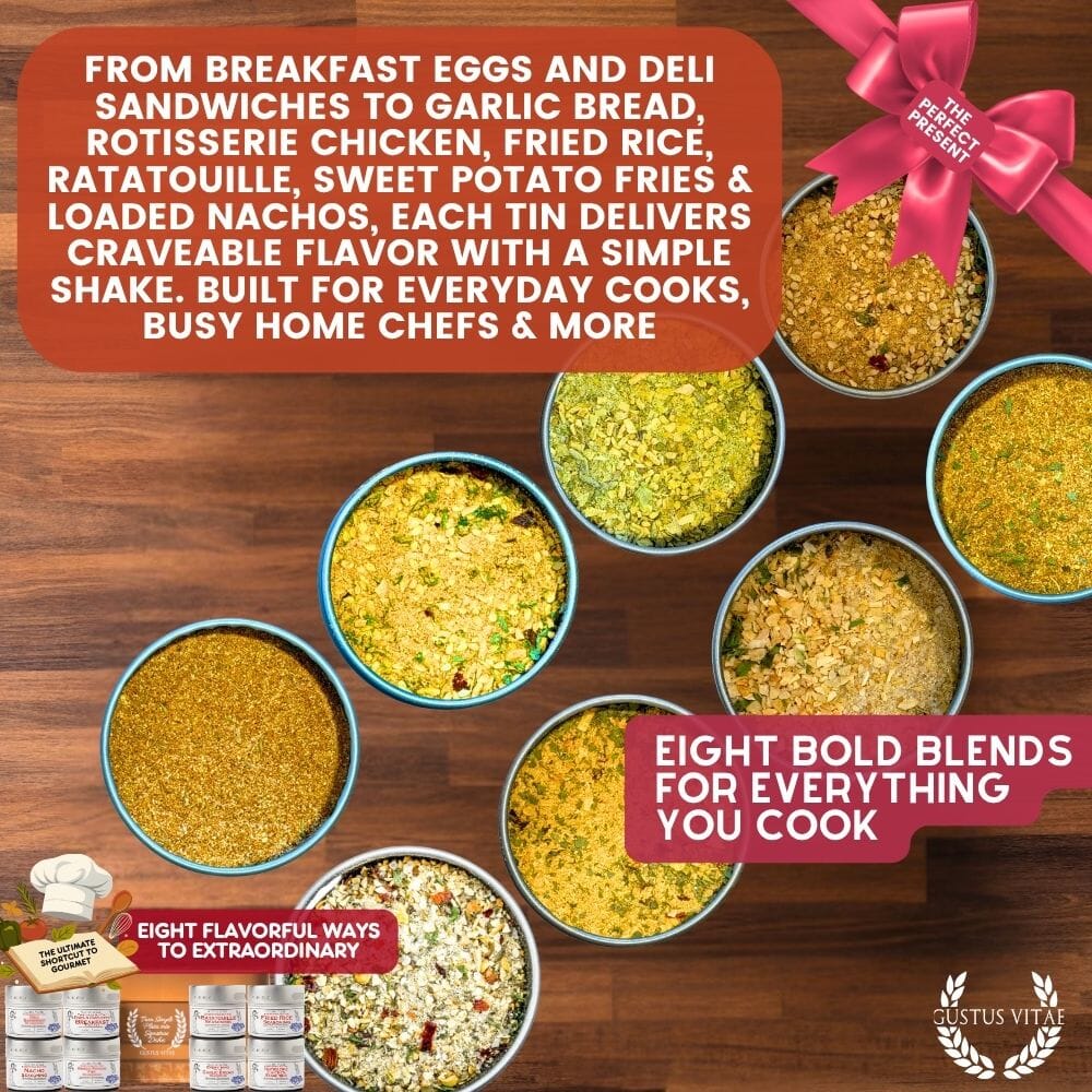 Gustus Vitae luxury seasoning gift set of 8 from Everything But The Ordinary collection, featuring assorted spice jars in a gift box.