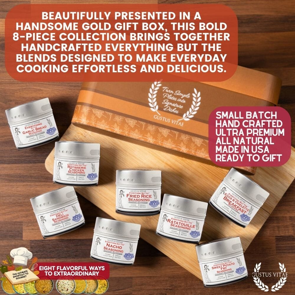 Gustus Vitae luxury seasoning gift set of 8 from Everything But The Ordinary collection, featuring assorted gourmet spice jars.