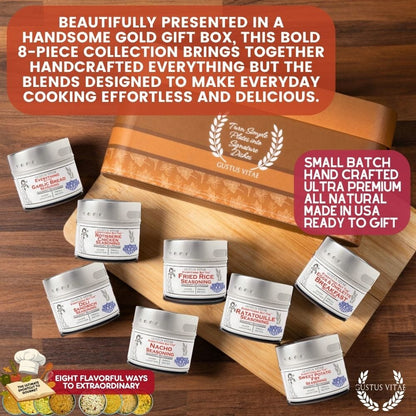 Gustus Vitae luxury seasoning gift set of 8 from Everything But The Ordinary collection, featuring assorted gourmet spice jars.