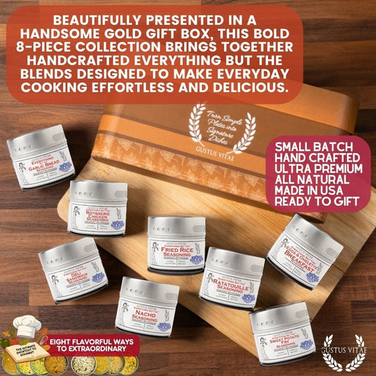 Gustus Vitae luxury seasoning gift set of 8 from Everything But The Ordinary collection, featuring assorted gourmet spice jars.
