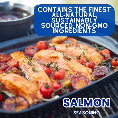 Gustus Vitae Bougie BBQ Everything But The Salmon Seasoning jar with label, ideal for enhancing grilled salmon dishes.