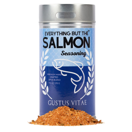Gustus Vitae Everything But The Salmon Seasoning Bougie BBQ spice blend in a jar, ideal for seafood and grilling flavor enhancement.