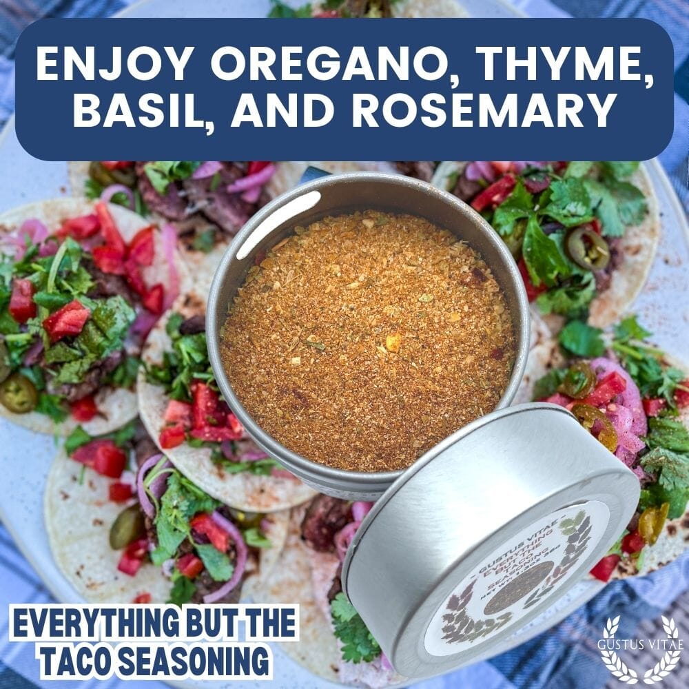 Gustus Vitae Everything But The Taco Seasoning jar, gourmet spice blend for taco and Mexican dishes, close-up of seasoning container