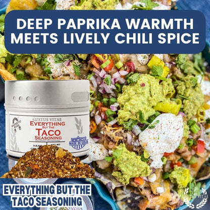 Gustus Vitae Everything But The Taco Seasoning in a jar, gourmet seasoning blend for flavorful taco and Mexican dishes.