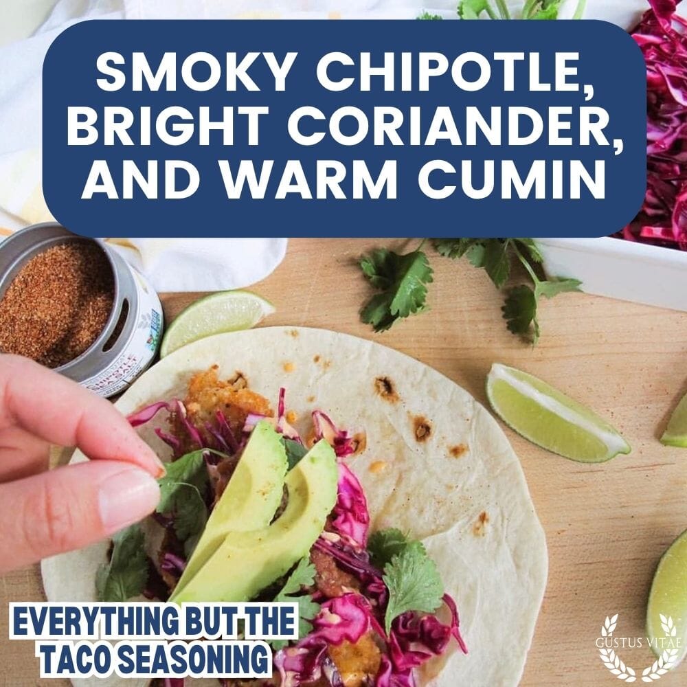 Gustus Vitae Everything But The Taco Gourmet Seasoning in a spice jar, featuring a colorful label for flavorful taco seasoning.