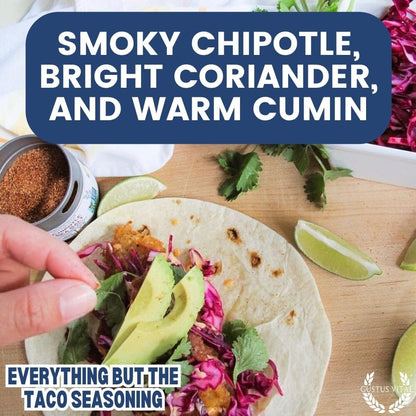 Gustus Vitae Everything But The Taco Gourmet Seasoning in a spice jar, featuring a colorful label for flavorful taco seasoning.