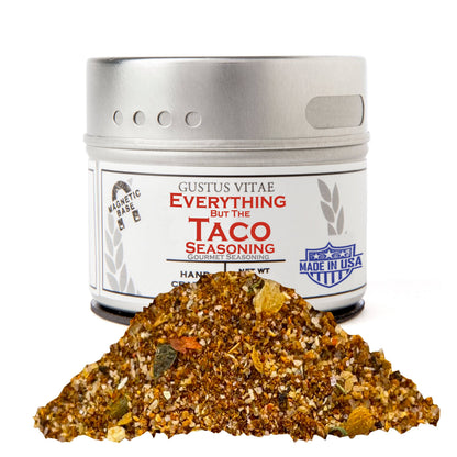 Gustus Vitae Everything But The Taco Seasoning in a spice jar, gourmet seasoning blend for taco and Mexican dishes.