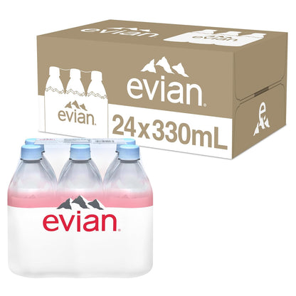 Evian natural spring water bottles, 16.9 fl oz, pack of 24, with PH balance and natural electrolytes, clear plastic bottles.