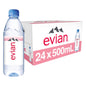 Pack of 24 evian Natural Spring Water bottles, 16.9 fl oz each, showing clear bottles with evian branding and water inside.