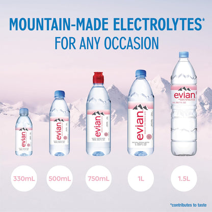 Pack of 24 evian Natural Spring Water bottles, 16.9 fl oz, featuring clear bottles with evian branding and natural spring water inside.