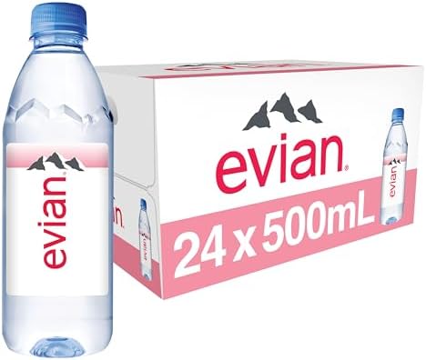 Pack of 24 evian natural spring water bottles, 16.9 fl oz, PH balanced with natural electrolytes, clear plastic bottles