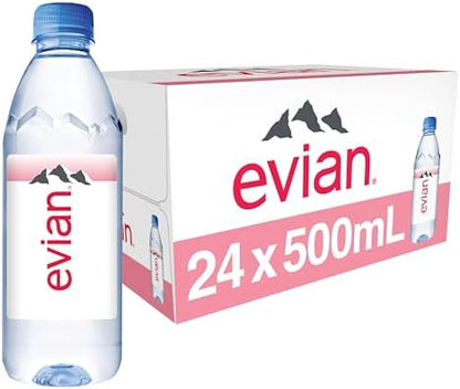 Pack of 24 evian natural spring water bottles, 16.9 fl oz, PH balanced with natural electrolytes, clear plastic bottles