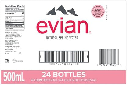 Pack of 24 evian Natural Spring Water bottles, 16.9 fl oz each, showcasing clear bottles with evian labels and water inside.
