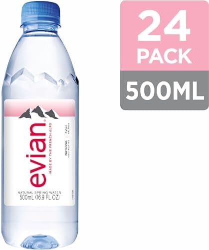 Pack of 24 evian Natural Spring Water bottles, 16.9 fl oz, showing clear bottles with evian branding and water inside.