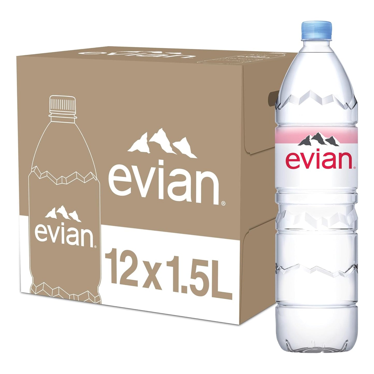 12-pack of Evian Natural Spring Water bottles, 1-liter size, with clear bottles featuring Evian branding and spring water inside.