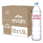 12-pack of Evian Natural Spring Water bottles, 1-liter size, with clear bottles featuring Evian branding and spring water inside.
