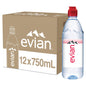 12-pack of Evian natural spring water bottles, 1 liter each, with clear labels and transparent bottles showing water inside.