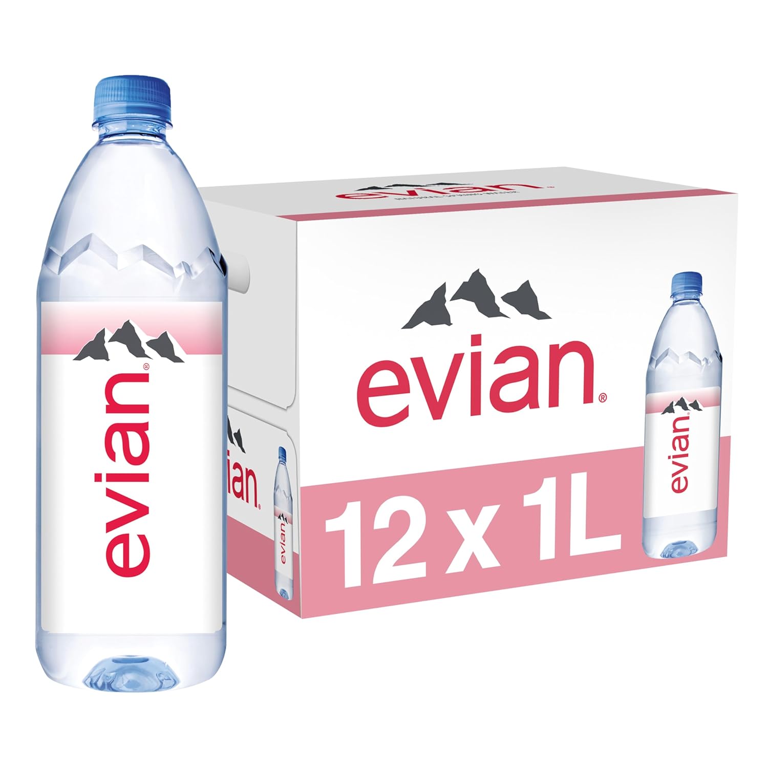 12-pack of Evian natural spring water bottles, 1 liter each, with clear labels and transparent bottles showing water inside.