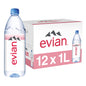 12-pack of Evian natural spring water bottles, 1 liter each, with clear labels and transparent bottles showing water inside.