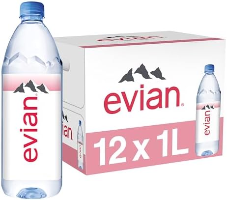 12-pack of Evian natural spring water bottles, 1 liter each, featuring clear bottles with Evian branding and spring water inside.