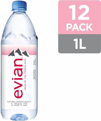 12-pack of Evian Natural Spring Water bottles, 1 liter each, shown in clear plastic bottles with Evian branding.