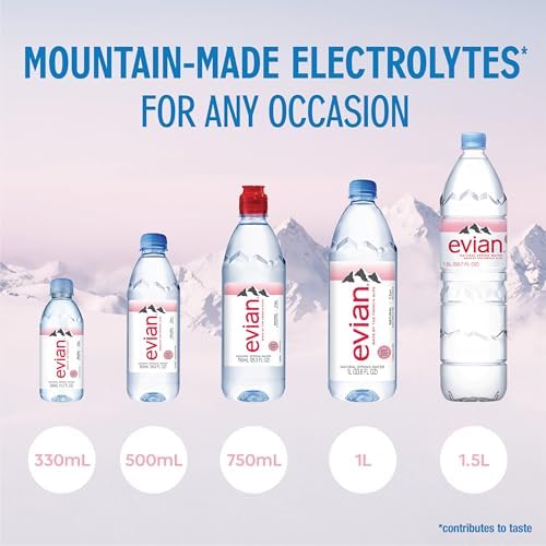 12-pack of Evian natural spring water bottles, 1 liter each, with clear label and blue cap, arranged in a stack.