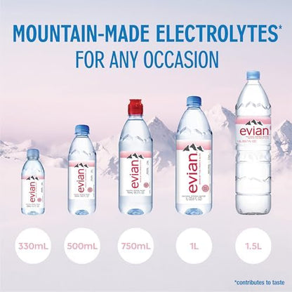 12-pack of Evian natural spring water bottles, 1 liter each, with clear label and blue cap, arranged in a stack.