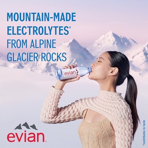 12-pack of Evian Natural Spring Water bottles, 1 liter each, featuring clear plastic bottles with Evian branding and blue caps.