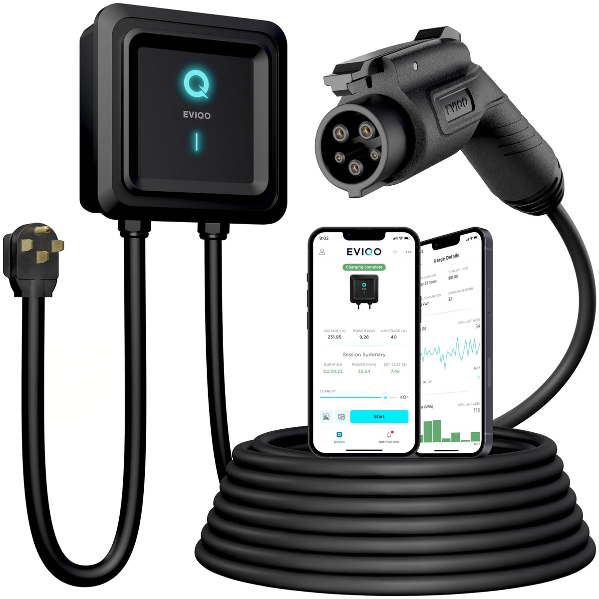 EVIQO Level 2 EV Charger with 48A, 11.5kW, 240V, NEMA 14-50 plug-in, J1772 connector for non-Tesla electric vehicles