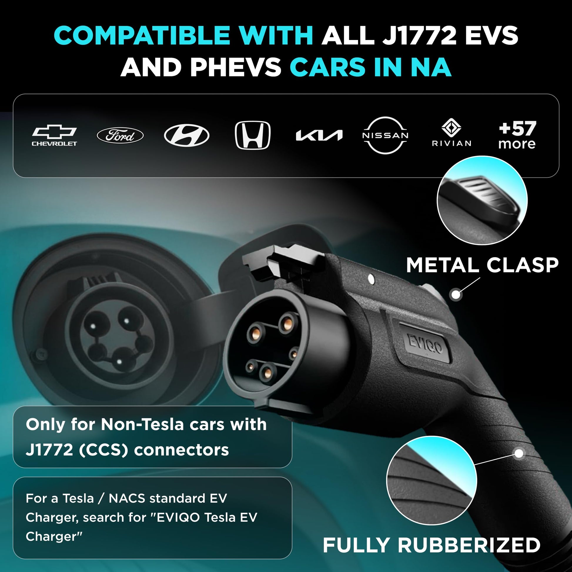 EVIQO Level 2 EV Charger with NEMA 14-50 plug, 48A, 11.5kW, 240V, J1772 connector for non-Tesla electric vehicles.