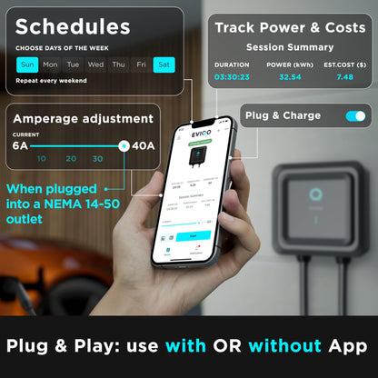 EVIQO Level 2 EV Charger with NEMA 14-50 plug, 48A, 11.5kW, 240V, J1772 connector for non-Tesla electric vehicles