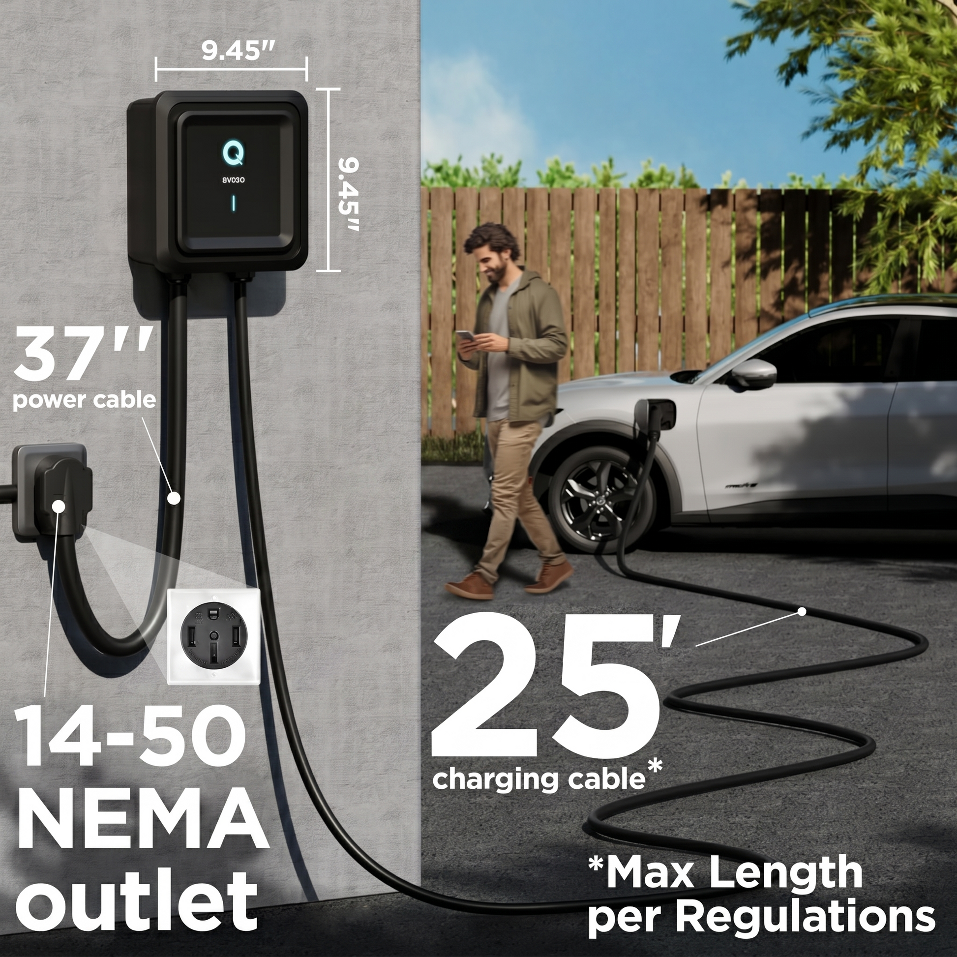 EVIQO Level 2 EV Charger with NEMA 14-50 plug, 48A 11.5kW, for non-Tesla EVs, 240V charging station with J1772 connector.