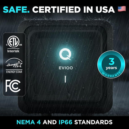 EVIQO Level 2 EV charger with NEMA 14-50 plug, 48A, 11.5kW, 240V, J1772 connector for non-Tesla electric vehicles