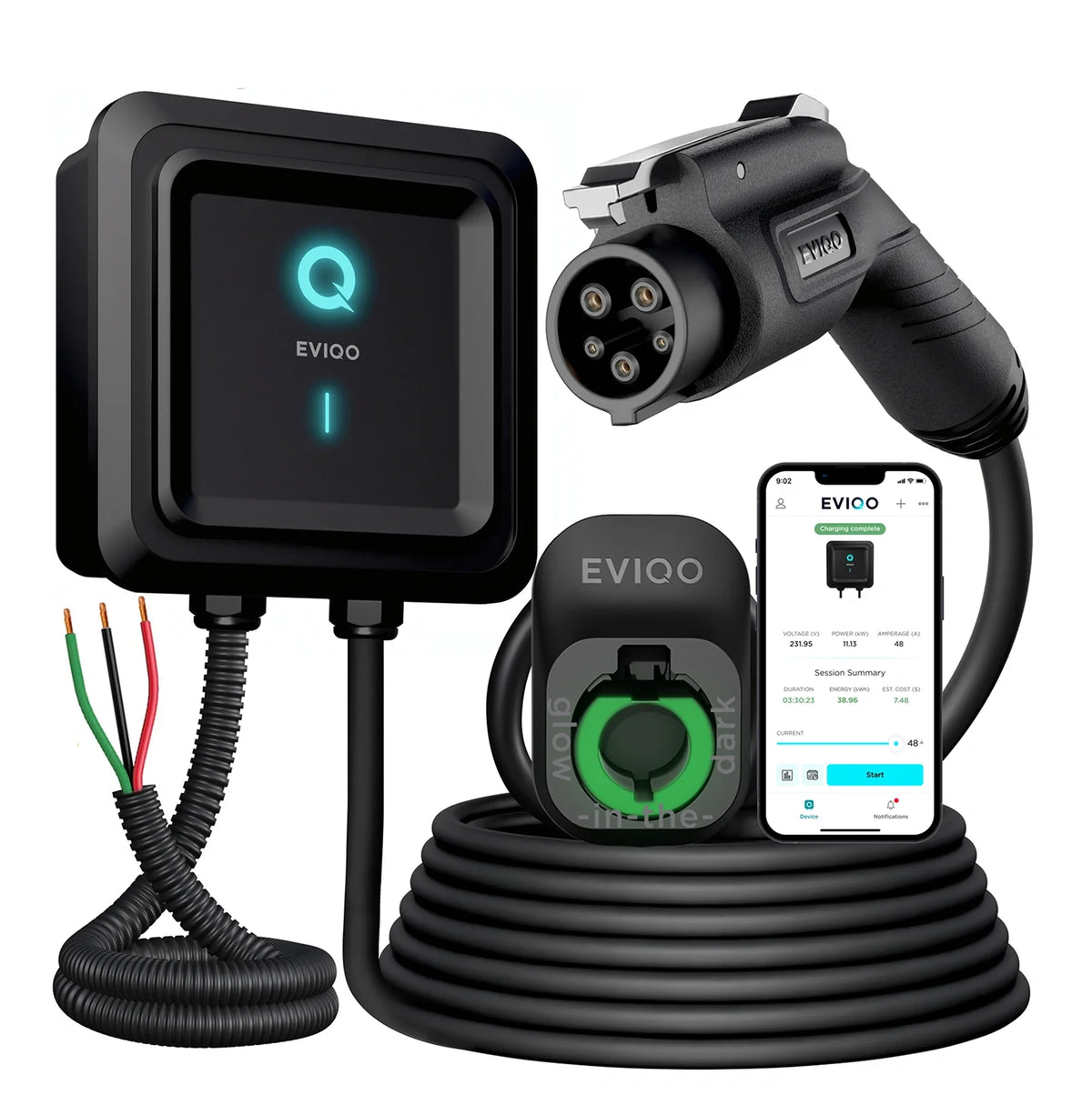 EVIQO Level 2 EV charger with J1772 connector, 48A, 240V, hardwired installation for non-Tesla electric vehicles.