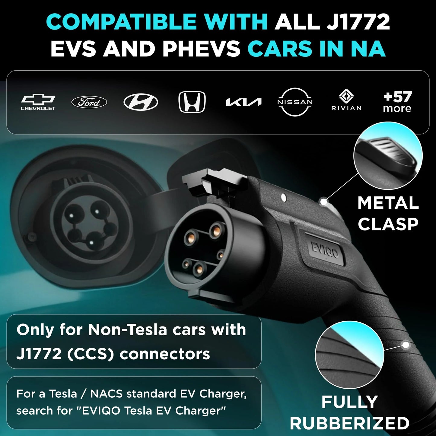 EVIQO Level 2 EV Charger with J1772 plug, 48A (50A max), 240V, hardwired for non-Tesla electric vehicles.