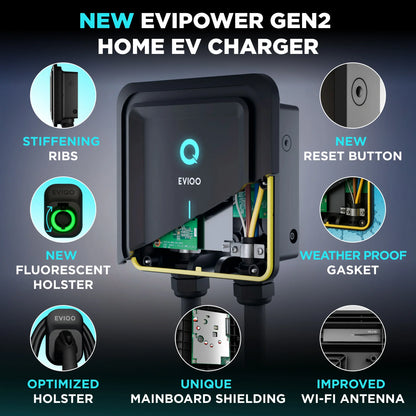 EVIQO Level 2 EV Charger with J1772 connector, 48A, 240V hardwired for non-Tesla electric vehicles.