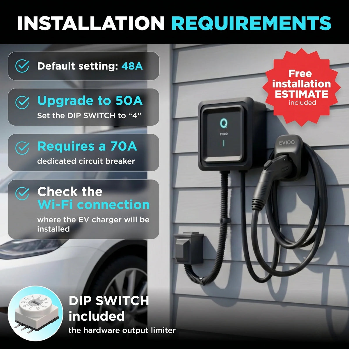 EVIQO Level 2 EV Charger with J1772 connector, 48A, 240V, hardwired installation for non-Tesla electric vehicles.