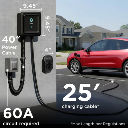 EVIQO Level 2 EV Charger J1772, 48A, 240V, hardwired for non-Tesla electric vehicles, with a sleek design and cable connection.