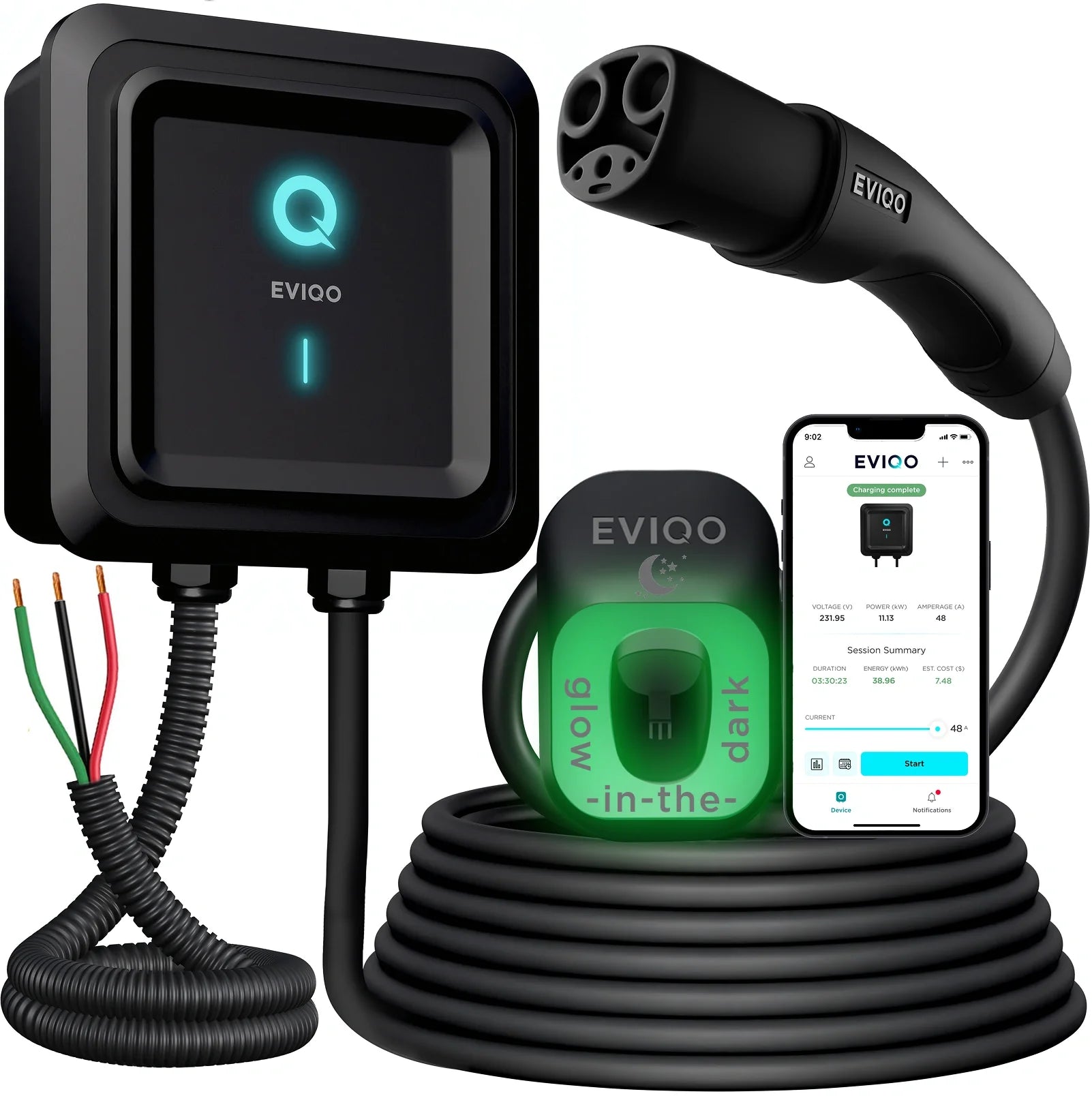 EVIQO NACS Level 2 EV Charger for Tesla EVs, 48A, 240V, hardwired installation, durable and high-performance charging station.